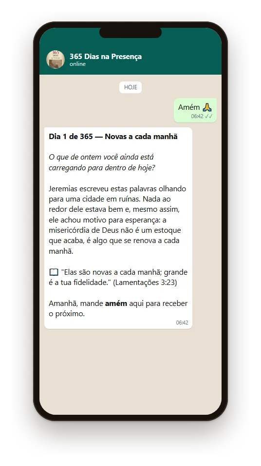 Conversa no WhatsApp: a pessoa manda Amém e recebe o devocional do Dia 1